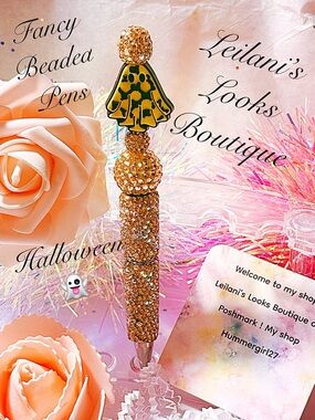 Fancy beaded Pen/gifts/cream ghost/gold beads/halloween/spooky